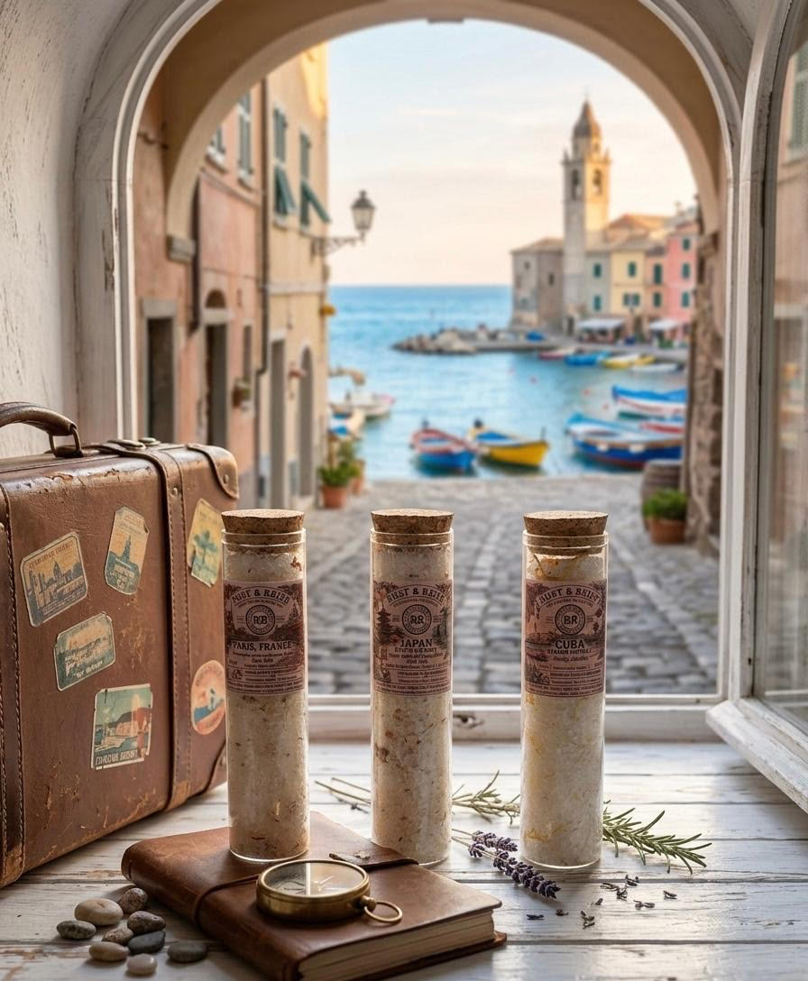 Rust & Reise bath salt vials on a window sill overlooking a coastal town